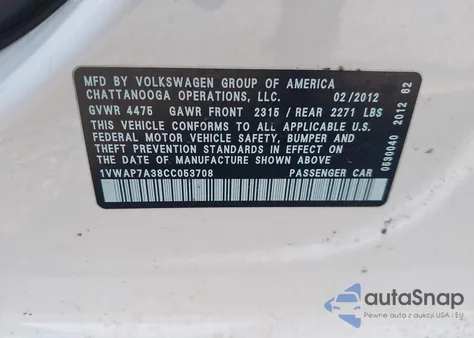 2012 Volkswagen Passat 2.5L S z USA, uszkodzony, nr VIN 1VWAP7A38CC053708